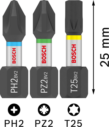 Puntas de destornillador de impacto Bosch PRO PH2 PZ2 T25, 25 mm.