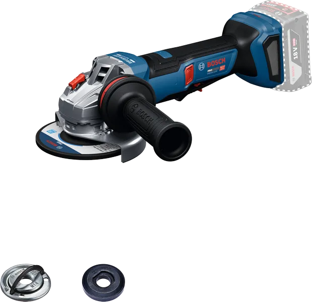 Amoladora angular inalámbrica Bosch GWS18V-11PS con accesorios.