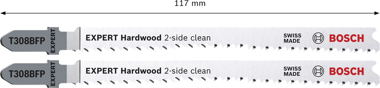 Hojas de sierra de calar Bosch EXPERT para madera dura, de doble cara y autolimpiables, modelo T308BFP.