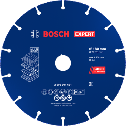 Disco de corte de carburo multimaterial Bosch EXPERT de 180 mm.