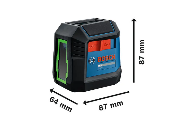 Nivel láser Bosch GLL2XG con dimensiones de 87x87x64 mm.