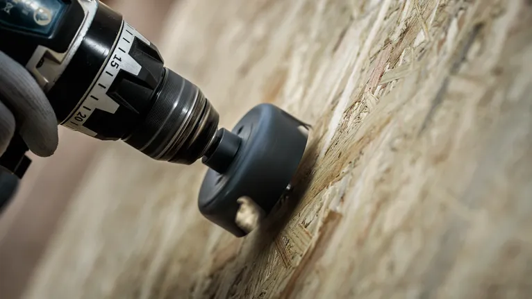 Taladro eléctrico con accesorio de sierra de corona que corta un agujero circular en la madera.