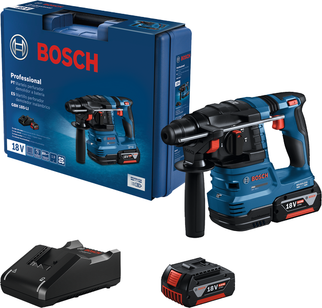 Taladro percutor rotativo Bosch GBH 185-LI con batería de 18 V y cargador.