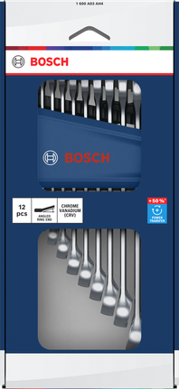 Juego de llaves combinadas Bosch de 12 piezas, de 6 a 19 mm, con un par de apriete del +50 %.