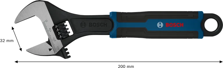 Llave inglesa ajustable Bosch de 200 mm con apertura de mordaza de 32 mm.