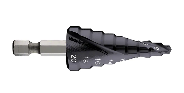 Stupňovitý vrták Bosch HSS-TiN s rozsahem průměrů 4–20 mm.