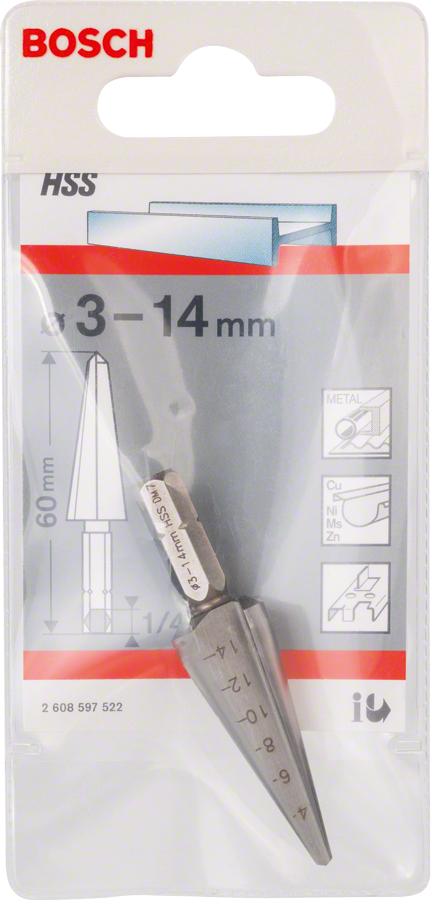 Kuželový vrták do plechu Bosch s šestihrannou stopkou 3–14 mm.