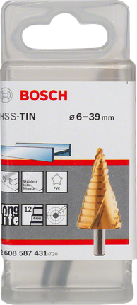 Stupňovitý vrták Bosch HSS-TiN 6–39 mm.