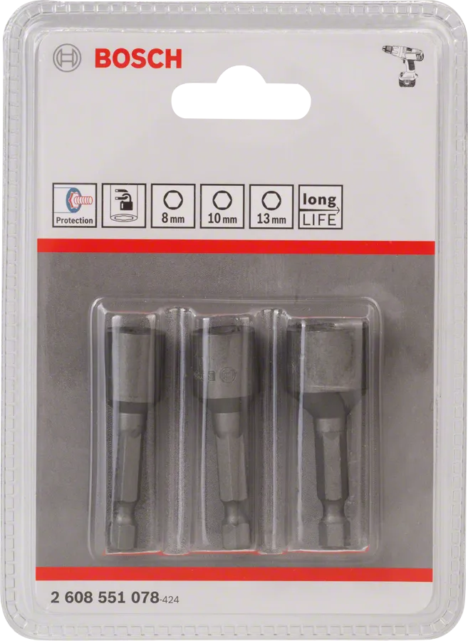 Sada adaptérů pro nástrčné klíče Bosch 8 mm, 10 mm, 13 mm s dlouhou životností.