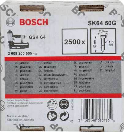 Dokončovací hřebíky Bosch SK64 50G 2 500 x 50 mm.