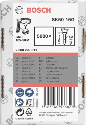 Pozinkované hřebíky Bosch 16G SK50 2,0×1,2 mm 5000×.