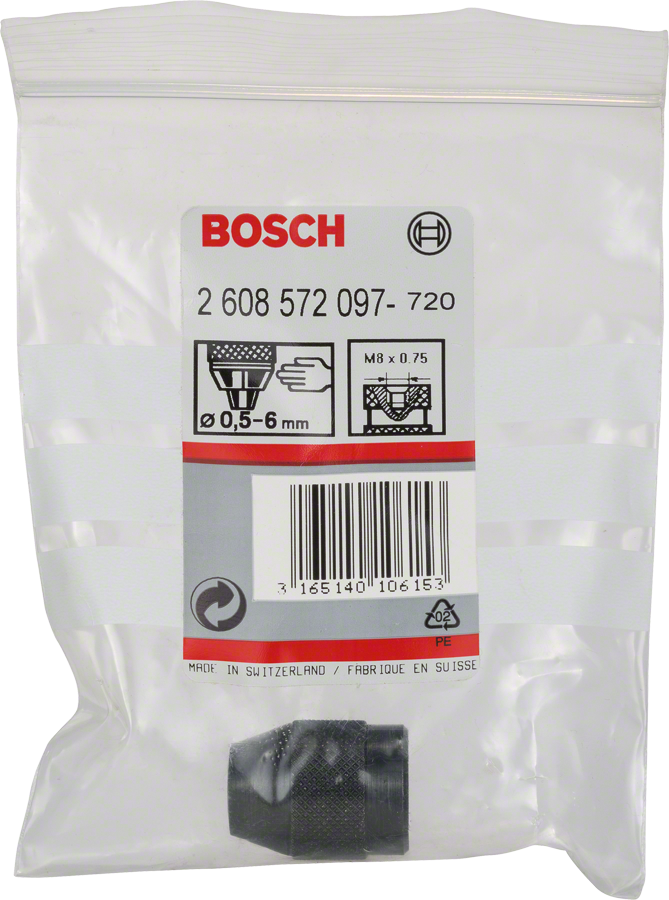 Náhradní sklíčidlo Bosch 0,5–6 mm v uzavřeném obalu.