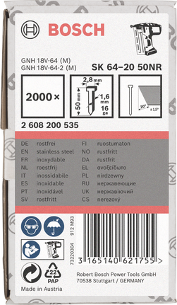 Nerezové hřebíky Bosch SK 64-20 50NR, 50 mm, balení 2000 kusů.