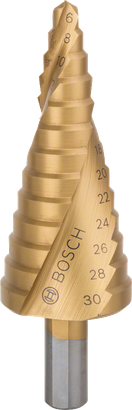 Stupňovitý vrták Bosch HSS-TiN pro otvory o průměru 6–30 mm.