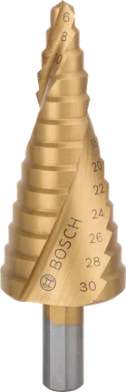 Stupňovitý vrták Bosch HSS-TiN pro otvory o průměru 6–30 mm.