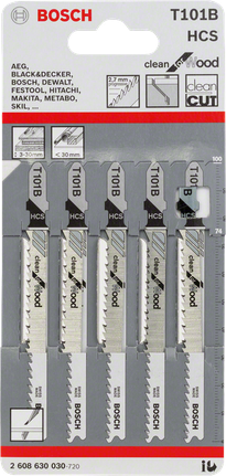 Sada 5 plátků do přímočaré pily Bosch T101B.