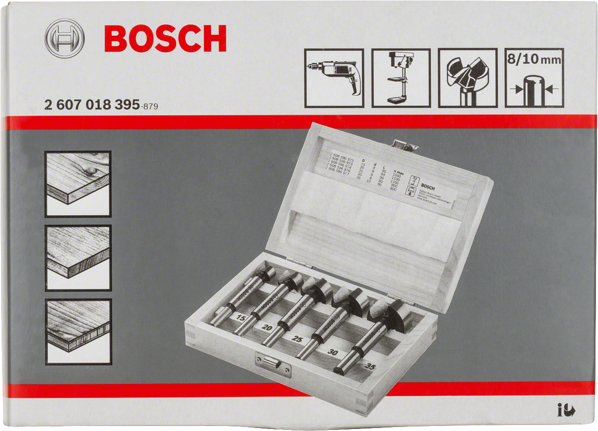 5dílná sada vrtáků Forstner Bosch v dřevěném pouzdře.