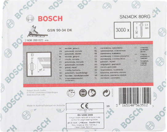 Hřebíky s válcovou stopkou Bosch GSN 90-34 DK do dřeva.