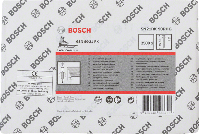 Hřebíky s válcovou stopkou Bosch 3,1 mm 90 mm 2500 ks.