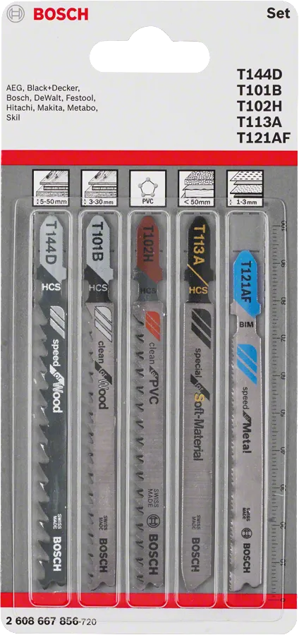 Sada 5dílných plátků do kmitacích pil Bosch s T-stopkou Allrounder.