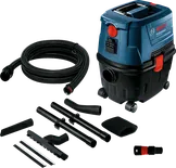 Modrý průmyslový vysavač s příslušenstvím.