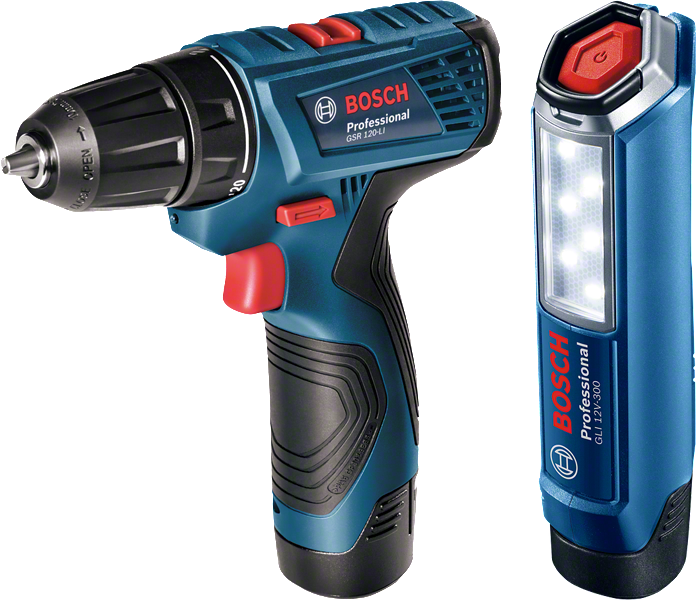 Akumulátorová vrtačka a pracovní světlo.