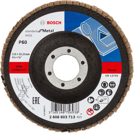 Lamelový kotouč Bosch X431 na kov, zrnitost 60, průměr 115 mm.