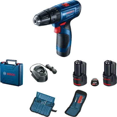 Sada akumulátorových vrtaček Bosch GSB 120-LI s bateriemi a kufříkem.