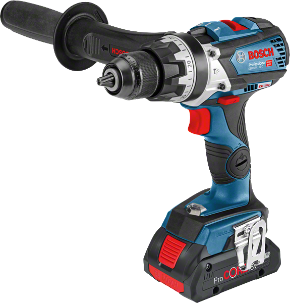 Akumulátorová kombinovaná vrtačka Bosch GSB 18V-110 C s boční rukojetí.