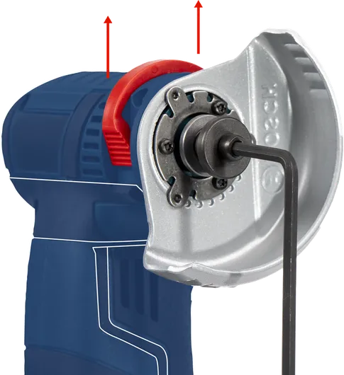 Nastavení úhlové brusky pomocí šestihranného klíče zasunutého do uchycení disku.