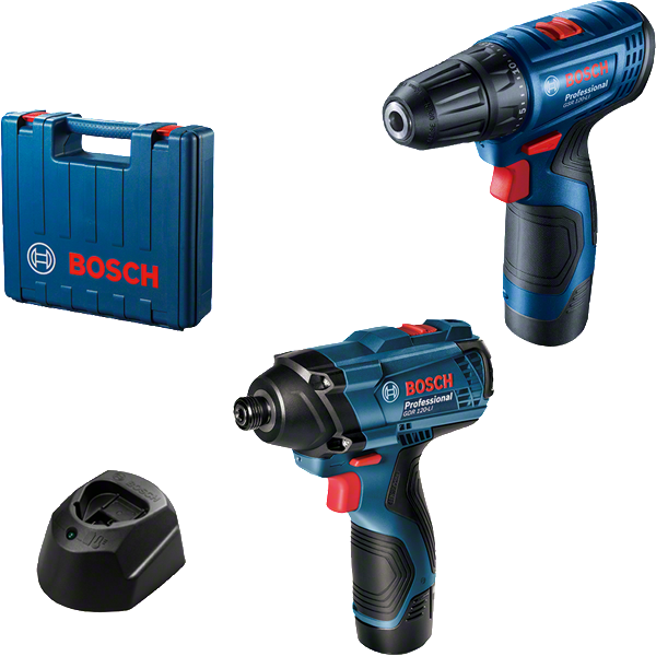 Kombinovaná sada Bosch s vrtačkou GSR 120-Li, rázovým utahovákem GDR 120-Li a nabíječkou.