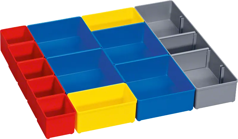 Sada 12 kusů vložných boxů Bosch i-BOXX 53 pro třídění drobných předmětů.