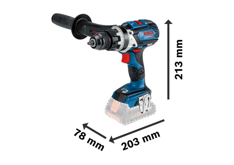 Zobrazené rozměry akumulátorové vrtačky Bosch GSB 18V-110 C.