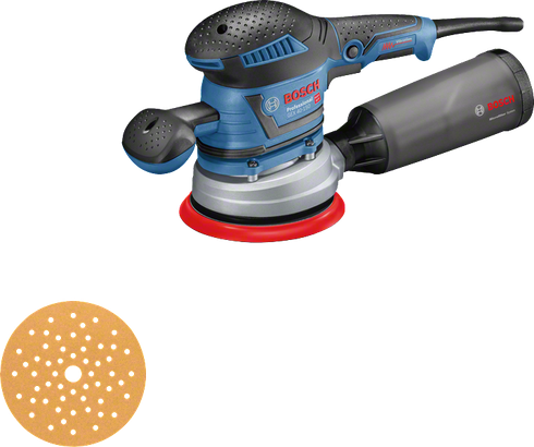 Bruska Bosch GEX 40-150 s prachovým boxem a brusným kotoučem.