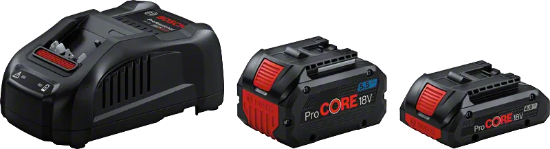 Startovací sada Bosch ProCORE18V s nabíječkou a dvěma bateriemi.