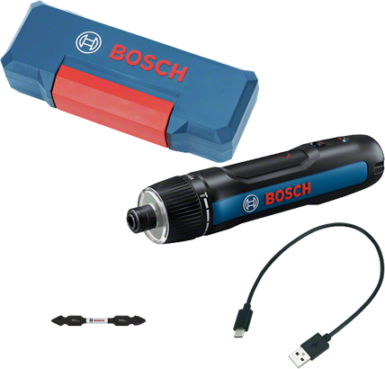Akumulátorový šroubovák Bosch Go 3 s pouzdrem a USB kabelem.