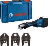 Akumulátorový lis Bosch 18V-32 s pouzdrem a čelistmi.