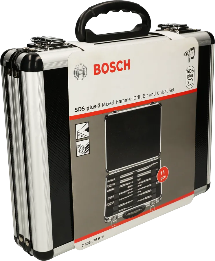 Sada vrtáků a sekáčů Bosch SDS plus-3 s 11 díly v kufru.