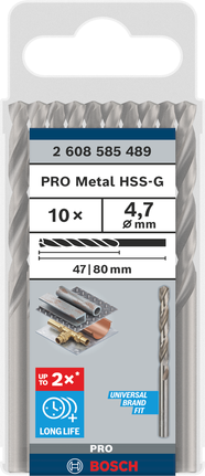 Sada 10 spirálových vrtáků Bosch PRO Metal HSS-G 4,7 mm.