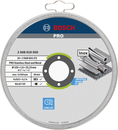 Řezný kotouč Bosch PRO z nerezové oceli 125×1,6×22,23 mm.