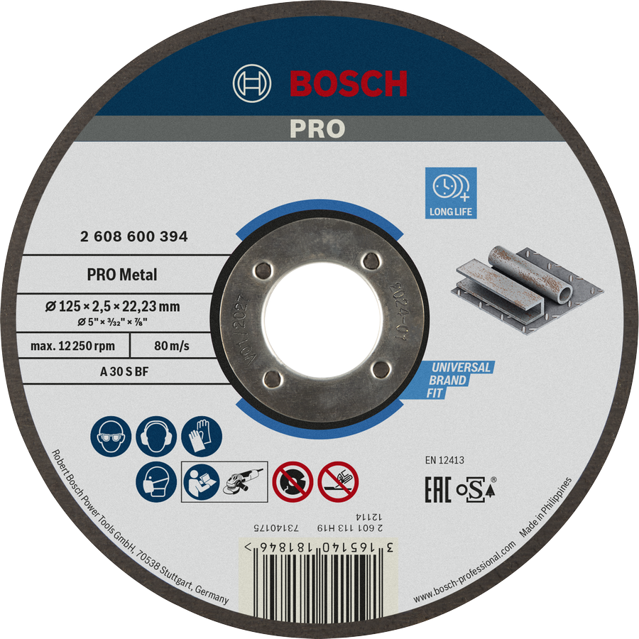 Řezný kotouč Bosch PRO Metal Bonded 125 mm s dlouhou životností.