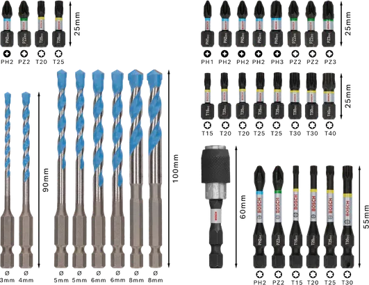 Sada Bosch PRO Impact Mixed Set 35 dílů s vrtacími a šroubovacími bity.