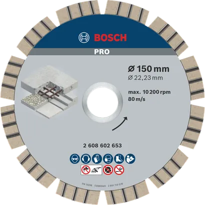 Diamantový kotouč Bosch PRO Concrete, 150 mm pro řezání betonu.