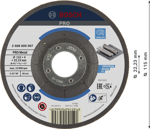 Brusný kotouč Bosch PRO s kovovým pojivem 115x4x22,23 mm.