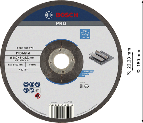 Brusný kotouč Bosch PRO s kovovým pojivem 180x8x22,23 mm.