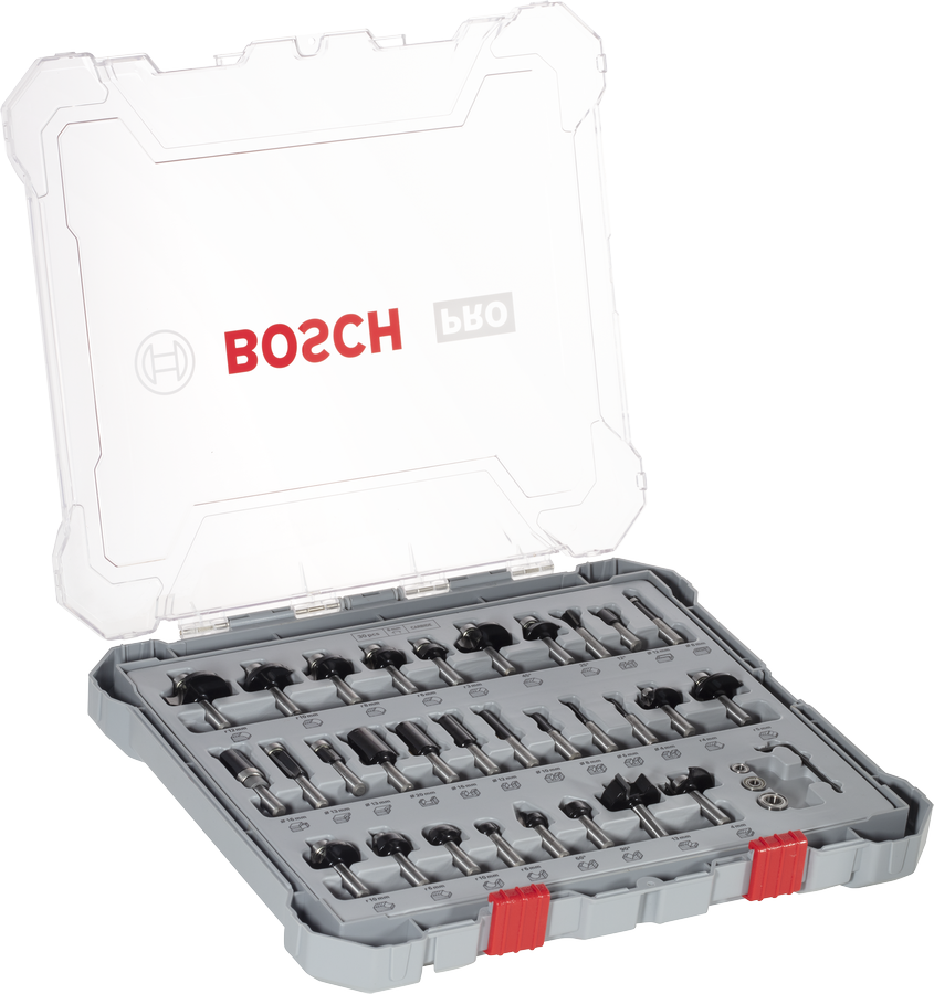Sada frézovacích bitů Bosch PRO, smíšená, stopka 8 mm, 30 dílů.