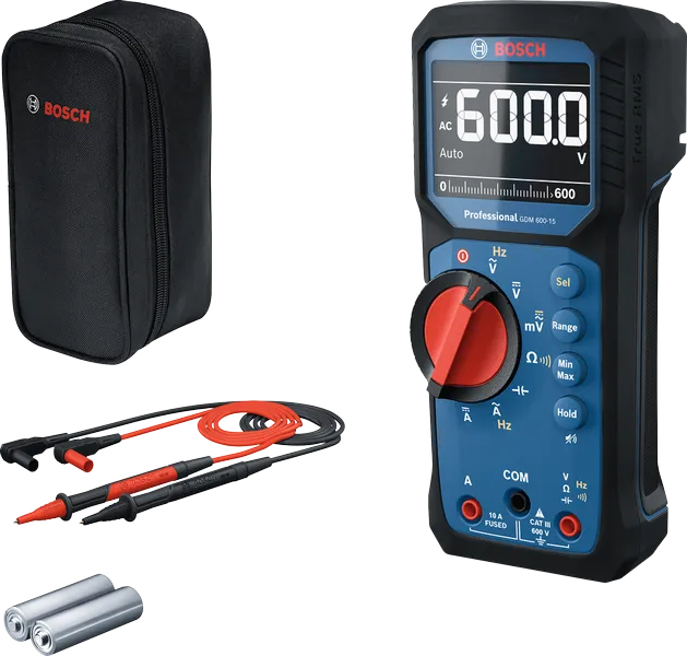 Digitální multimetr Bosch GDM 600-15 s měřicími sondami a pouzdrem.
