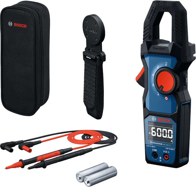 Klešťový měřič Bosch GMC 600 s pouzdrem a příslušenstvím.