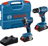 Sada 2 nářadí Bosch 18V s vrtačkou, rázovým utahovákem a kufrem.