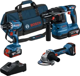 Sada nářadí Bosch 18V 3 GSR GWS GBH s nabíječkou a brašnou.